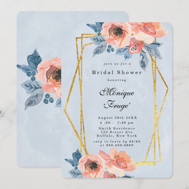 Coral And Dusty Blue Floral Bridal Shower Invitation (Front/Back)