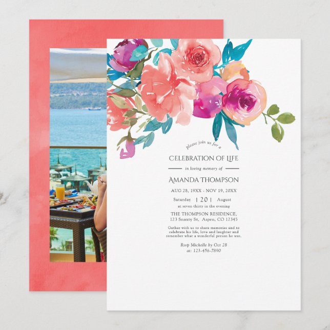 Coral and Fandango Floral Celebration of Life Invitation (Front/Back)