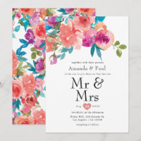 Coral and Fandango Floral Mr and Mrs Wedding