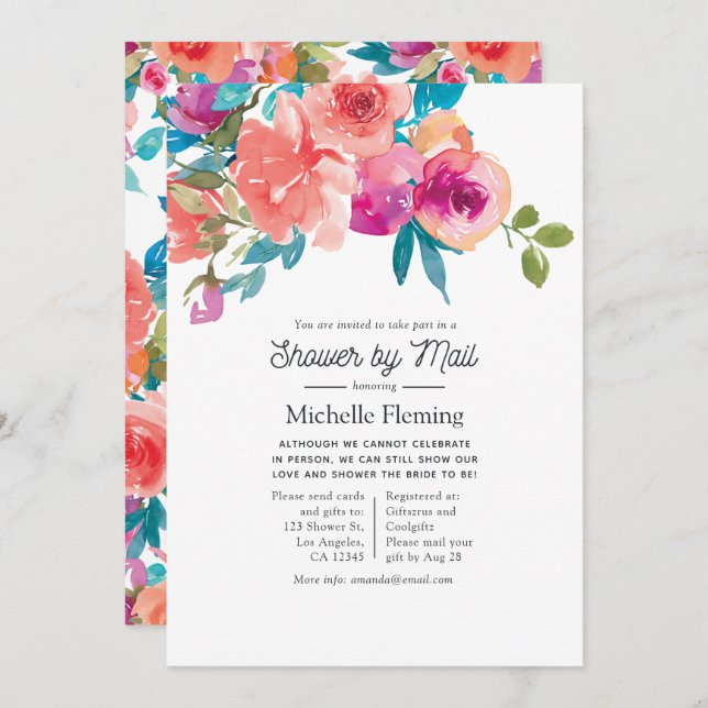 Coral and Fandango Floral Shower by Mail Invitation (Front/Back)