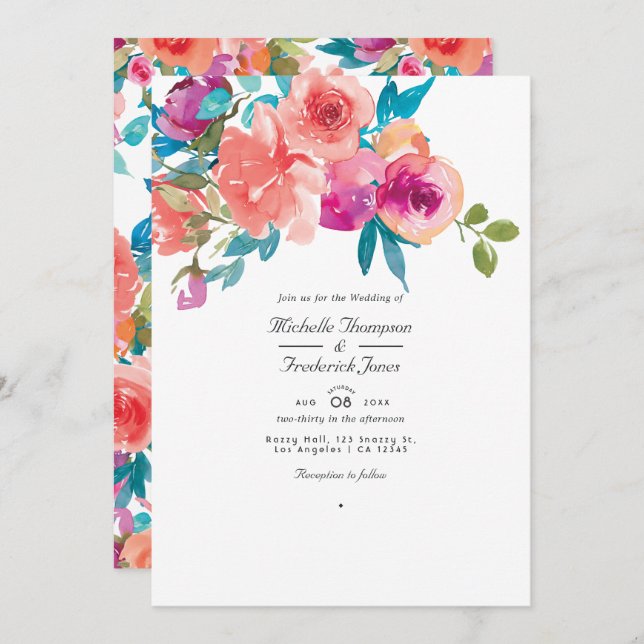 Coral and Fandango Floral Wedding Photo Invitation (Front/Back)