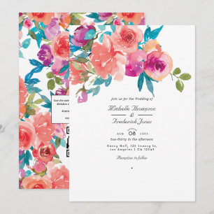 Coral and Fandango Floral Wedding Photo Invitation