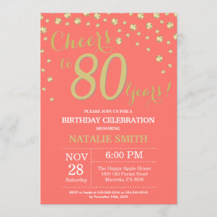 Coral and Gold 80th Birthday Diamond Invitation