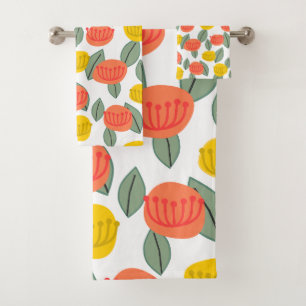 Coral and Gold Flowers  Bath Towel Set