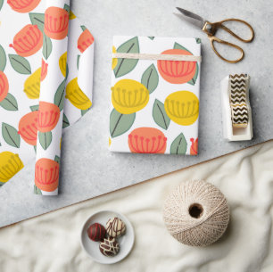 Coral and Gold Flowers Wrapping Paper
