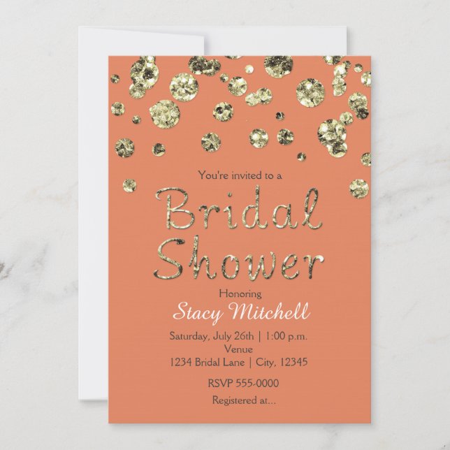 Coral and Gold Glitter Bridal Shower Invitation (Front)