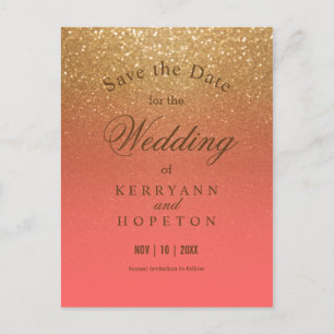 Coral and Gold Glitter - Save The Date Announcement Postcard