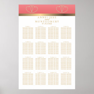 Coral and Gold Hearts -  16 Seating Chart