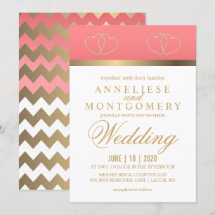 Coral and Gold Hearts - Invitation