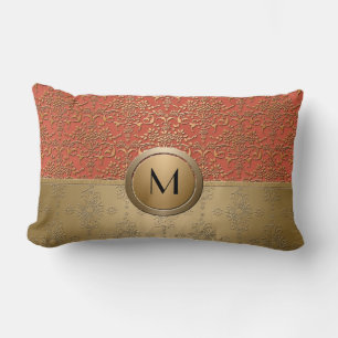 Coral and Gold Monogram Damask Pattern Lumbar Pillow