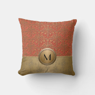 Coral and Gold Monogram Damask Pattern Throw Pillow
