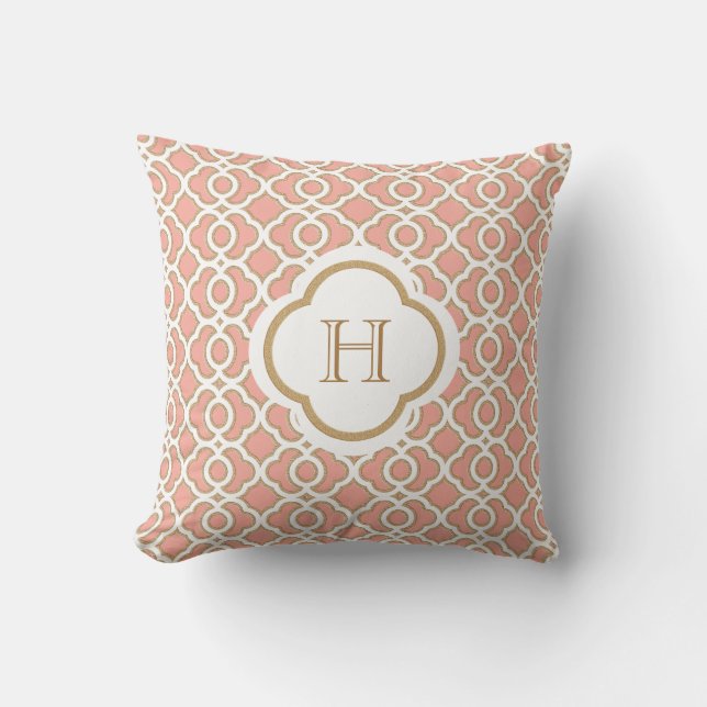 Coral and Gold Moroccan Monogram Throw Pillow (Front)