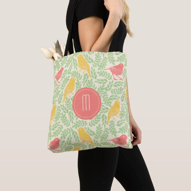 Coral and Gold Spring Birds Monogram Tote Bag (Close Up)