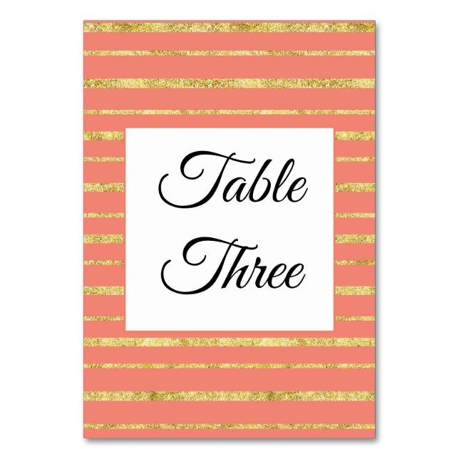 Coral and Gold Stripe Personalized Table Number (Front)