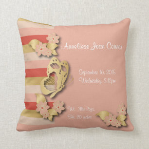 Coral and Gold Stripes with Butterflies for Baby Throw Pillow