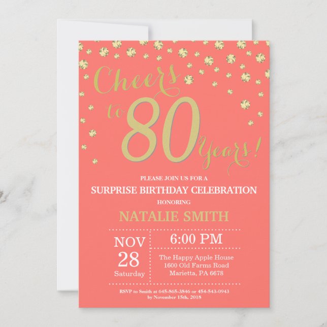 Coral and Gold Surprise 80th Birthday Diamond Invitation (Front)