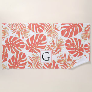 Coral and gold tropical leaves and monogram beach towel