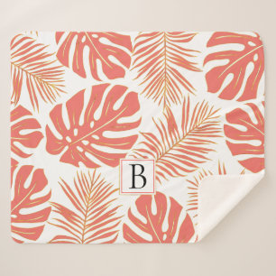 Coral and gold tropical leaves and monogram sherpa blanket