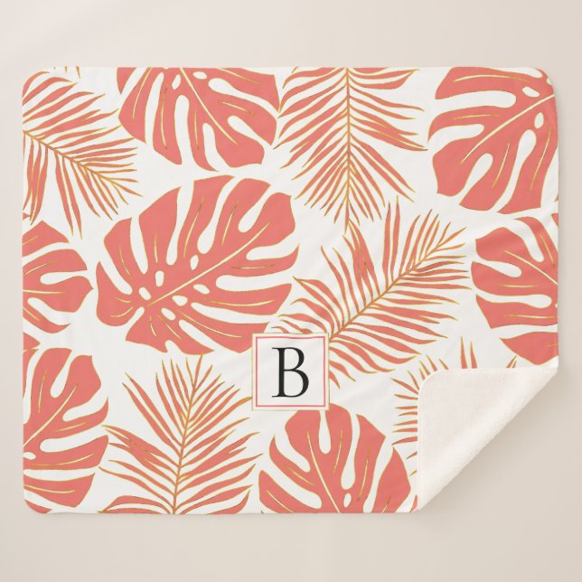 Coral and gold tropical leaves and monogram sherpa blanket (Front (Horizontal))