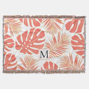 Coral and gold tropical leaves and monogram throw blanket