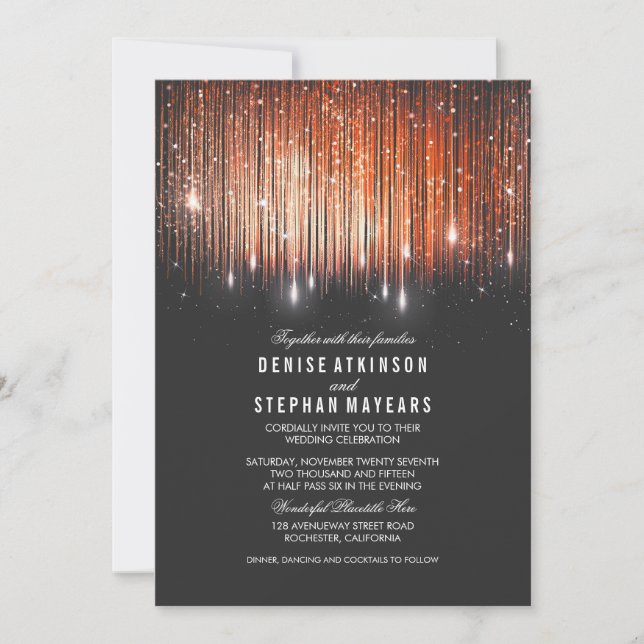Coral and Gold Wedding String Lights Invite (Front)