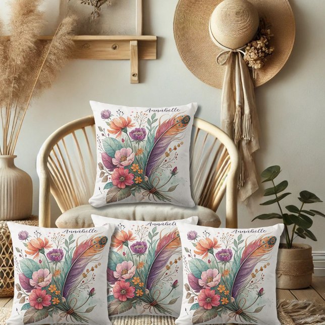 Coral and Green Feathers and Flowers Throw Pillow (Creator Uploaded)