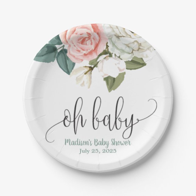 Coral and Green Oh Baby Floral Paper Plate (Front)