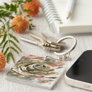 Coral and Grey Artistic Romantic Rose Keychain
