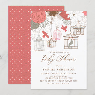 Coral and Grey Birdcages Baby Shower Invitation