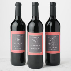 Coral and Grey Cheers to Love Wedding Wine Label