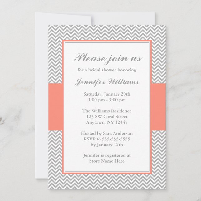 Coral and Grey Chevron Bridal Shower Invitation (Front)