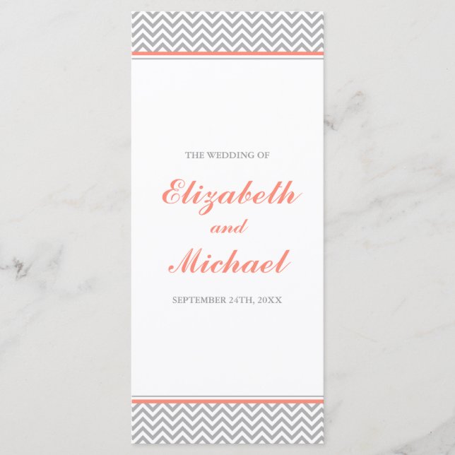 Coral and Grey Chevron Wedding Program (Front)