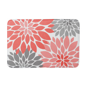 Coral and Grey Chrysanthemums Floral Pattern Bath Mat