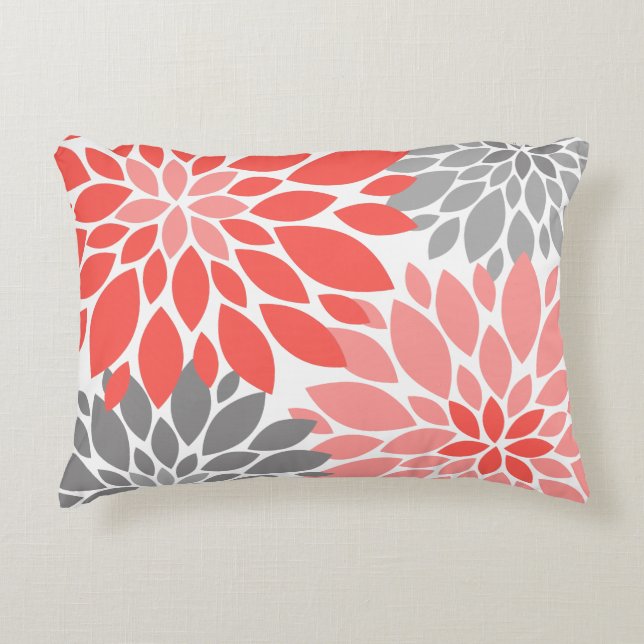 Coral and Grey Chrysanthemums Floral Pattern Decorative Pillow (Front)