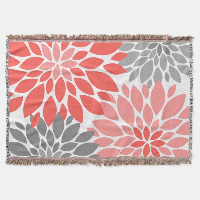 Coral and Grey Chrysanthemums Floral Pattern Throw Blanket (Front)