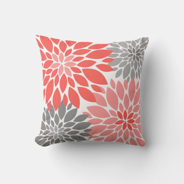 Coral and Grey Chrysanthemums Floral Pattern Throw Pillow (Front)
