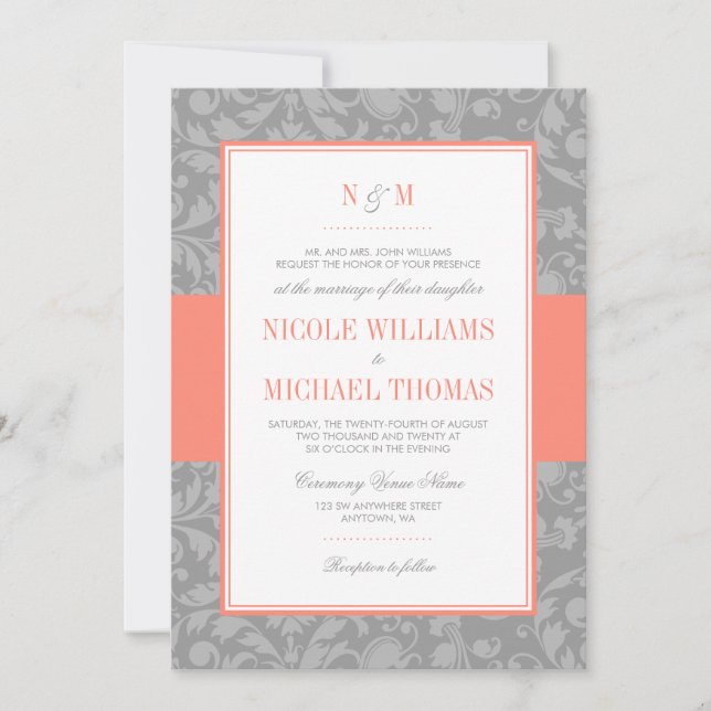 Coral and Grey Damask Wedding Invitations (Front)