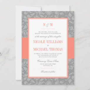 Coral and Grey Damask Wedding Invitations