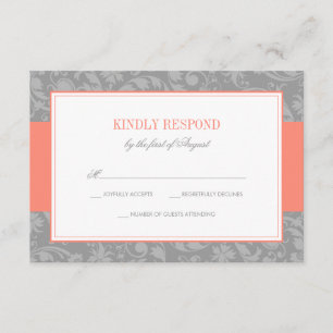Coral and Grey Damask Wedding RSVP