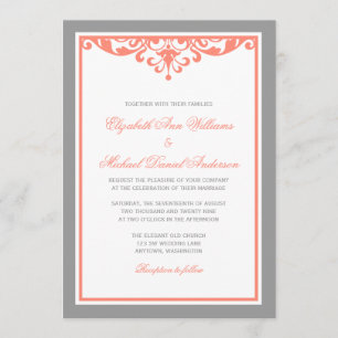 Coral and Grey Flourish Wedding Invitations