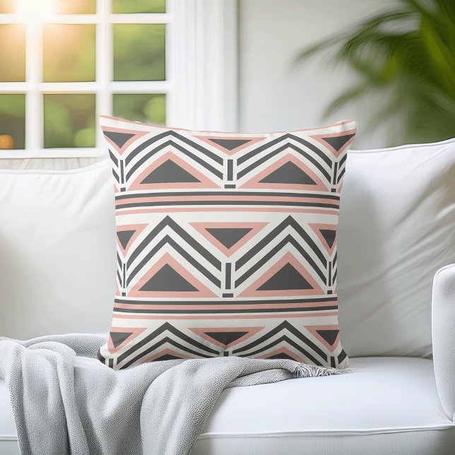 Coral and Grey Geometric Tribal Pattern Throw Pillow (Creator Uploaded)