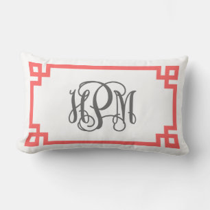 Coral and Grey Greek Key Script Monogram Lumbar Pillow