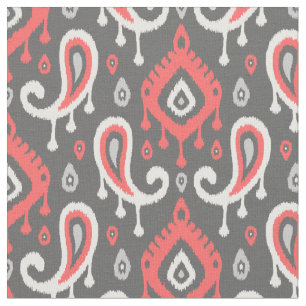 Coral and Grey Ikat Paisley Fabric