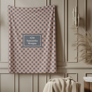 Coral and Grey Plaid Blanket Elegant Custom Name