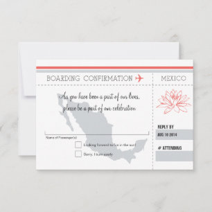 Coral and Grey RSVP Boarding Pass TO MEXICO Card