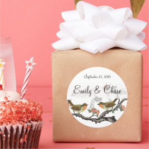 Coral and Grey Vintage Birds Wedding Stickers
