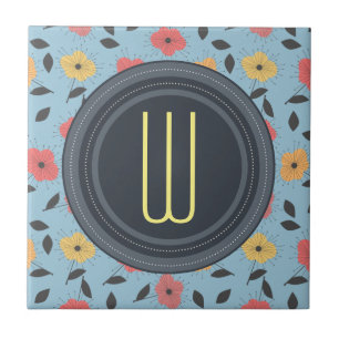 Coral and Lemon 50s Retro Vintage Floral Pattern Tile