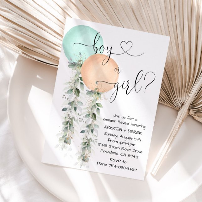 Coral and Mint Balloon Gender Reveal Party Invitation (Creator Uploaded)