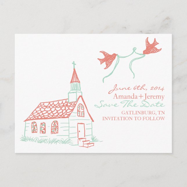 Coral and Mint Chapel Wedding Save The Date Announcement Postcard (Front)