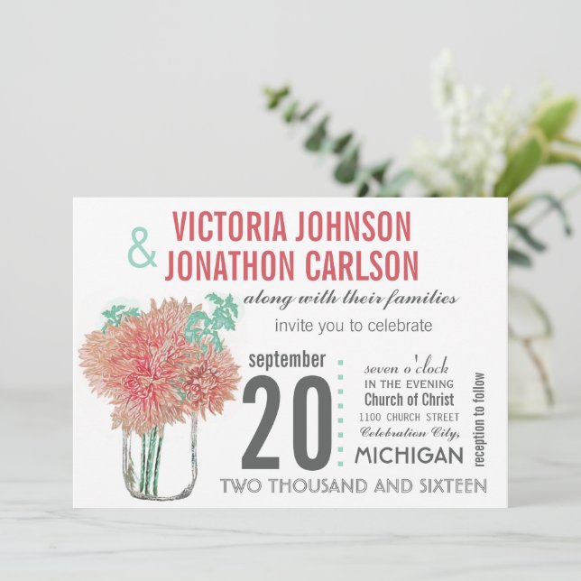 Coral and Mint Chrysanthemum in a Mason Jar Invitation (Standing Front)